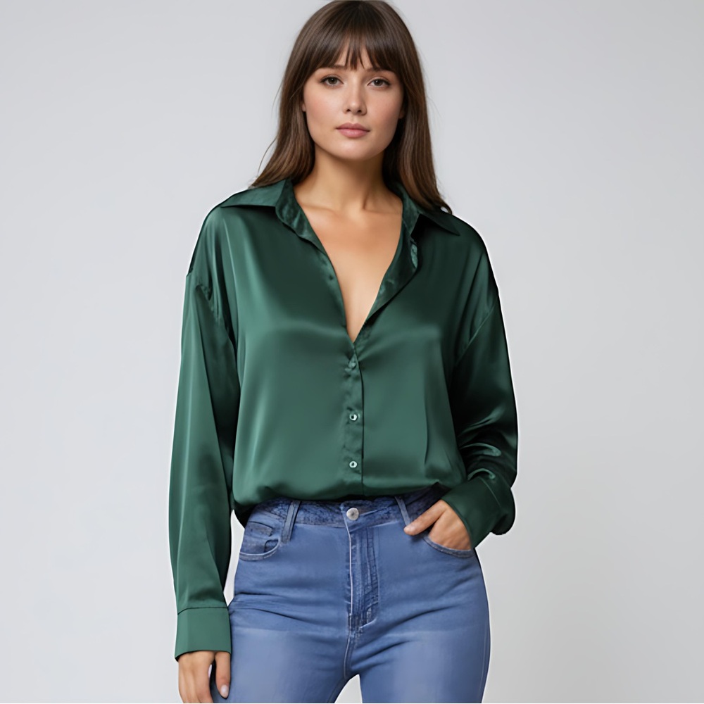 Emerald Satin Button Up Blouse